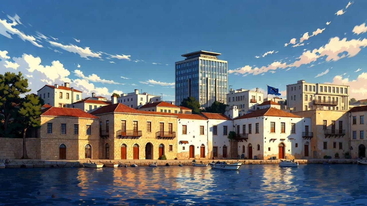Coastal Cyprus cityscape with Mediterranean architecture and EU business district elements representing company formation opportunities