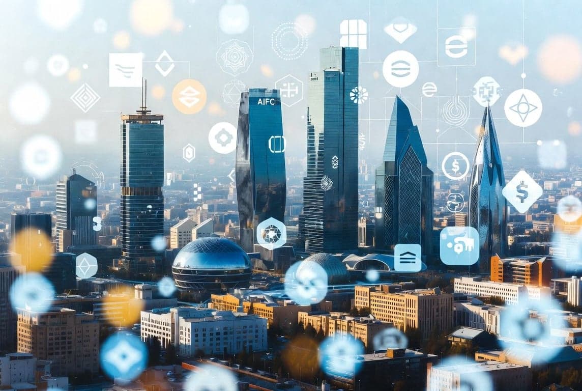 Astana Kazakhstan AIFC financial district with Expo buildings representing digital asset licensing and crypto exchange regulation