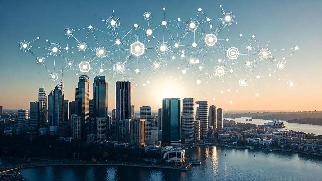 Australian financial district skyline with digital asset and blockchain network elements representing new crypto exchange licensing