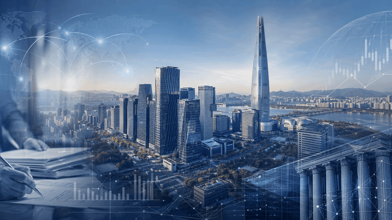 Seoul South Korea Gangnam business district representing foreign company formation under FIPA with Korean banking and D-8 visa pathway