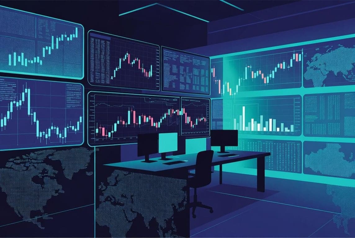 Institutional trading floor with digital screens representing crypto prime brokerage licensing across MiCA US and UK regulatory frameworks