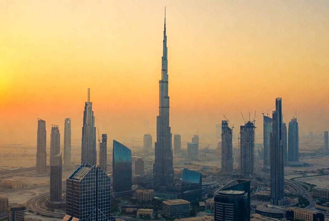 Dubai skyline with Burj Khalifa and surrounding glass towers reflecting sunlight with desert haze in the background