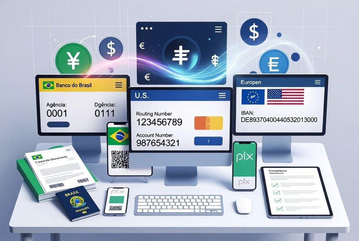 International banking documents and digital payment interfaces representing startup bank account opening challenges across multiple jurisdictions