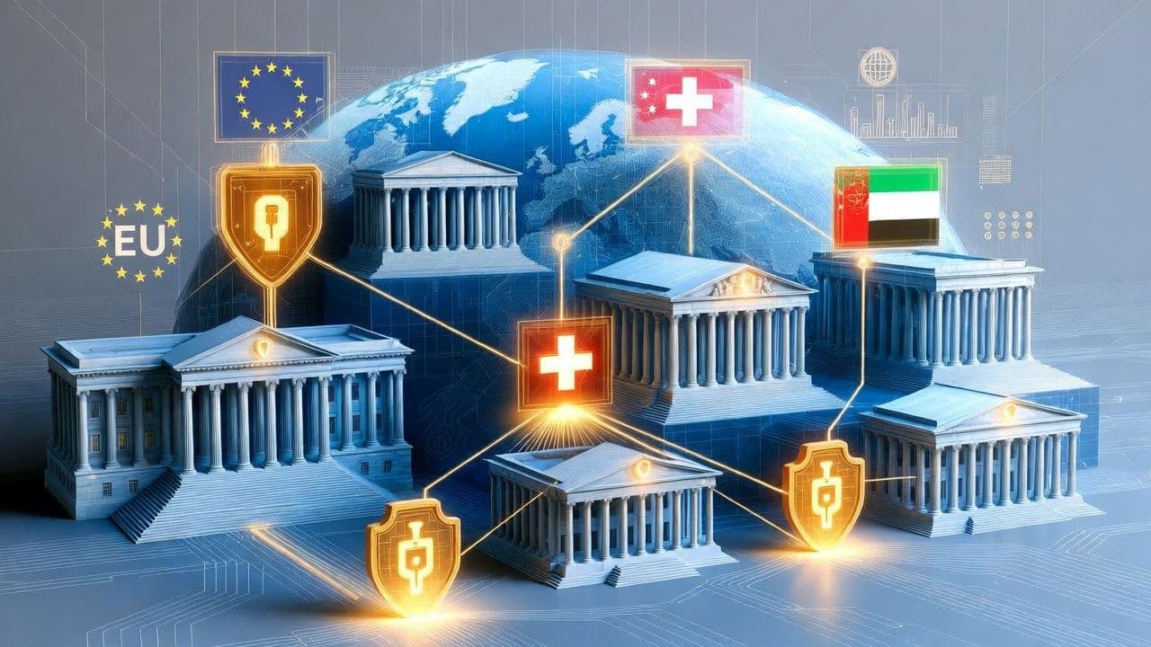 Global map showing tokenized securities regulatory frameworks across EU DLT Pilot Regime Switzerland Singapore and UAE in 2026