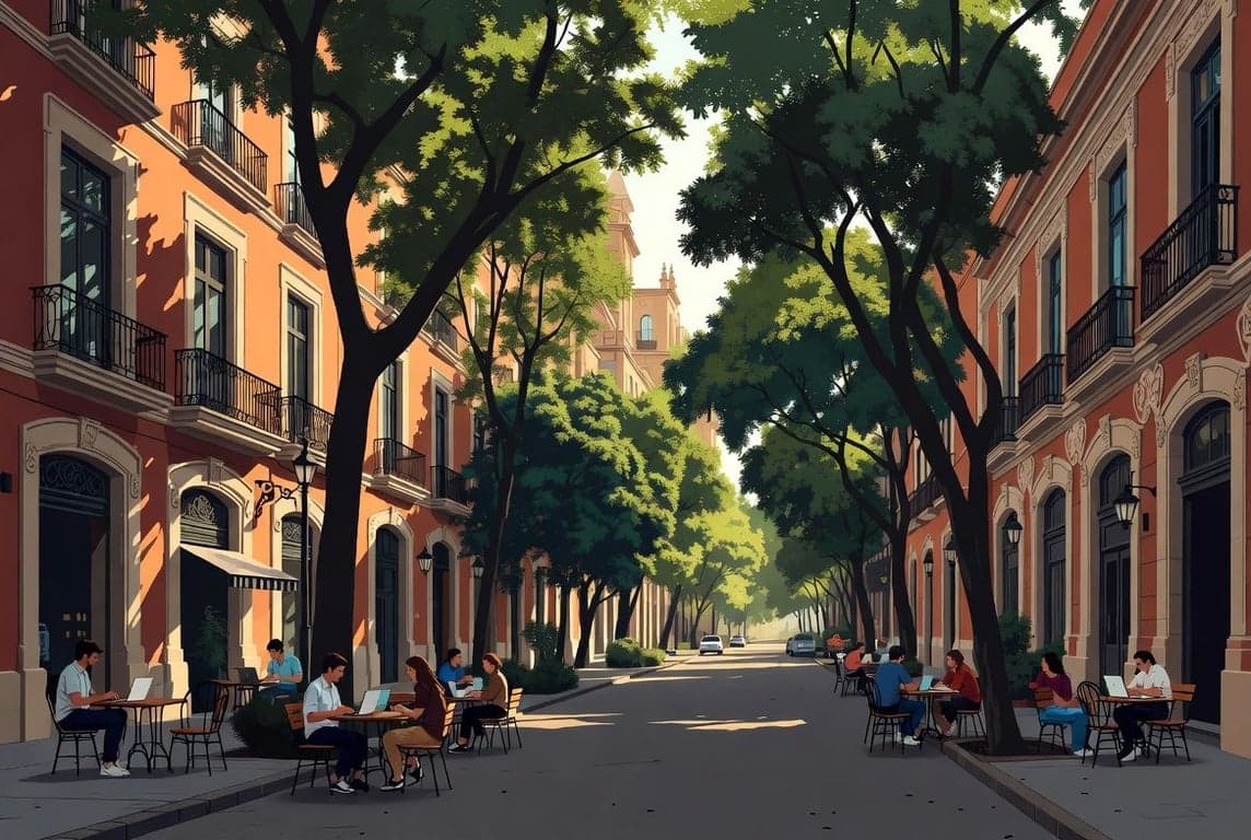 Mexico City Roma Norte neighborhood street with Art Deco architecture and outdoor cafes representing digital nomad cost of living and gentrification reality