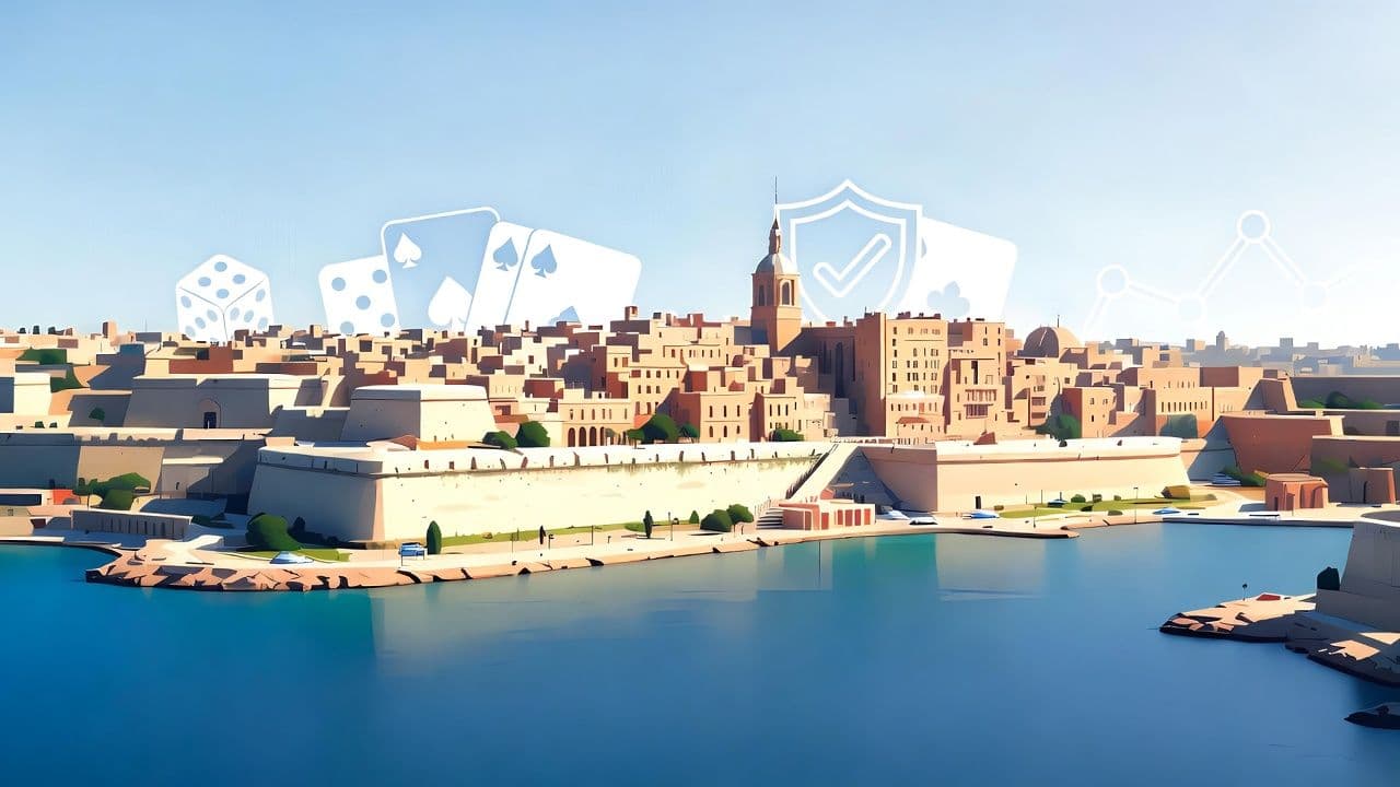 Malta harbor skyline with gaming and regulatory symbols representing MGA license fee changes