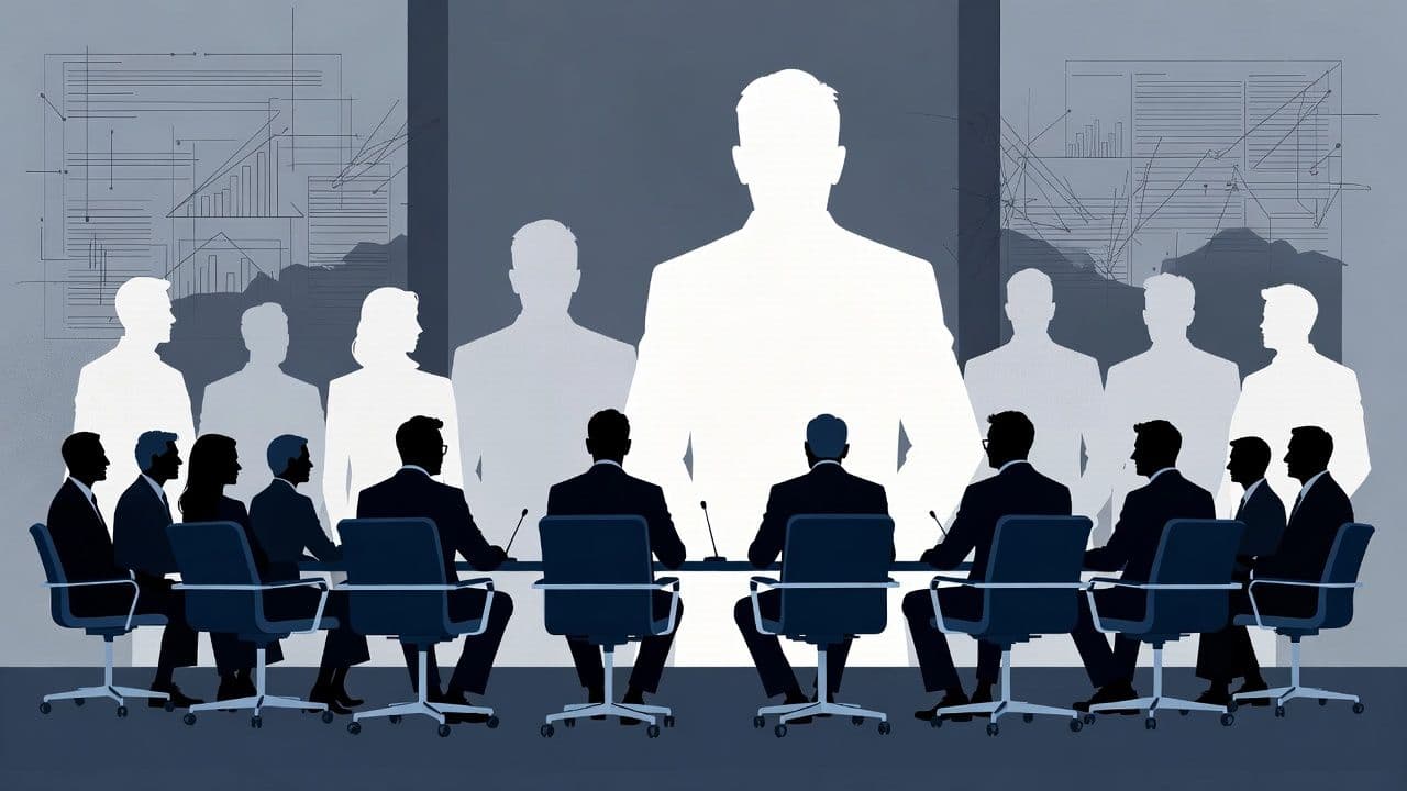 Corporate boardroom with silhouetted figures representing nominee directors and shareholders in offshore company structures