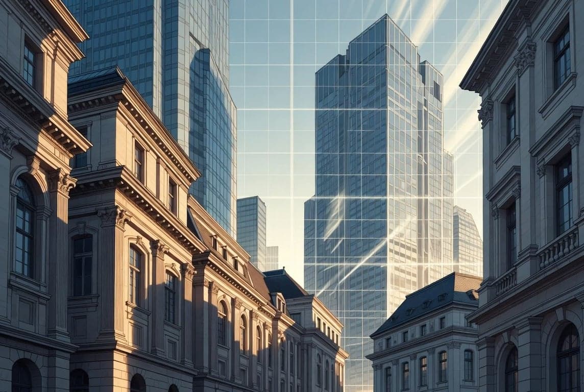 European financial district buildings with digital overlay representing real estate tokenization and DLT Pilot Regime regulatory review