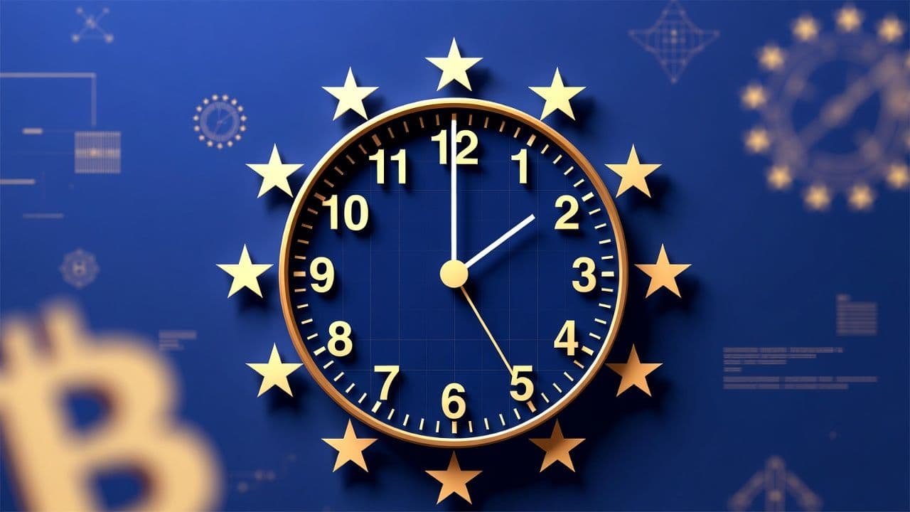 Countdown clock illustration representing MiCA July 2026 deadline for EU crypto regulation