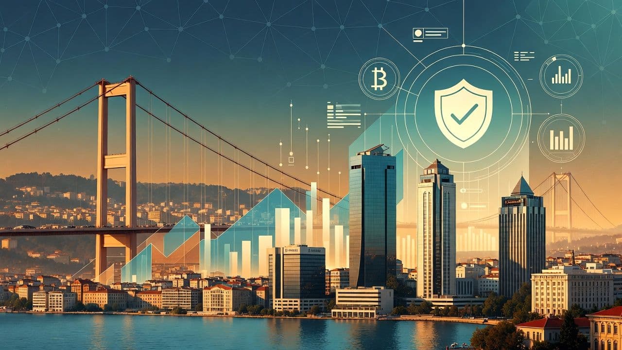 Turkish financial district skyline with crypto exchange and regulatory symbols representing new CMB licensing framework