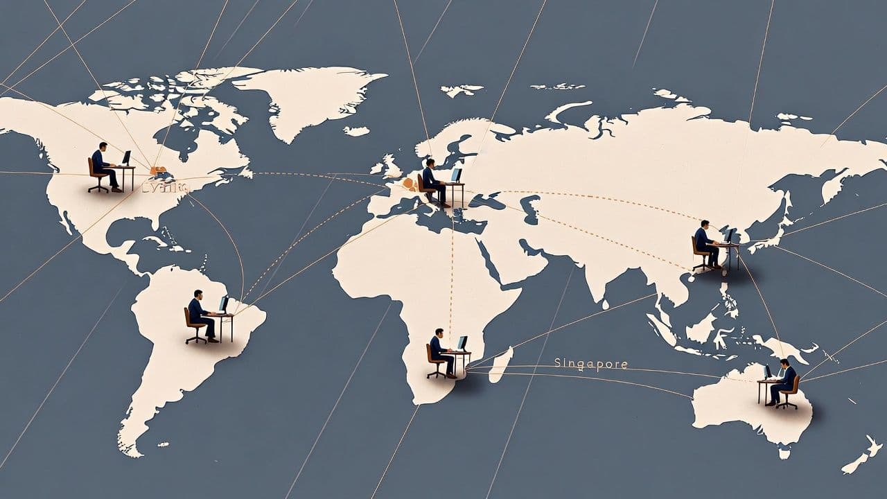 International office map showing connected remote workers across multiple countries with payroll compliance documents