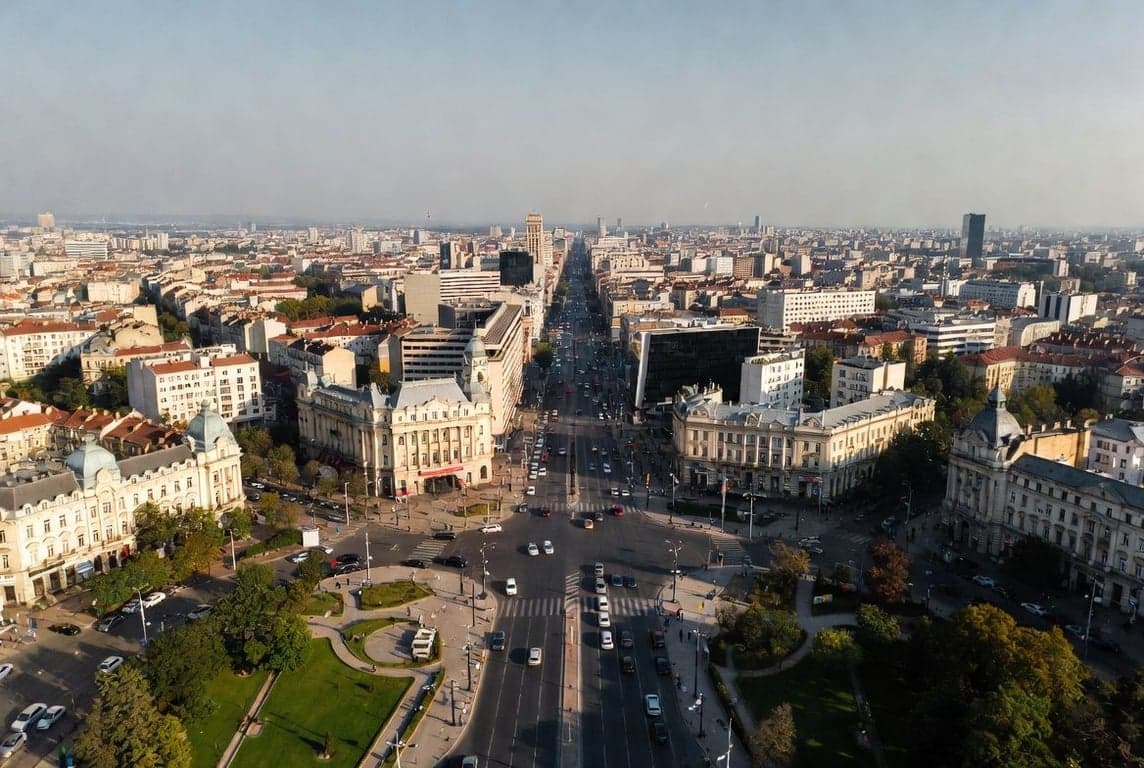 Bucharest cityscape with modern office buildings and the Palace of the Parliament in the background under clear sky