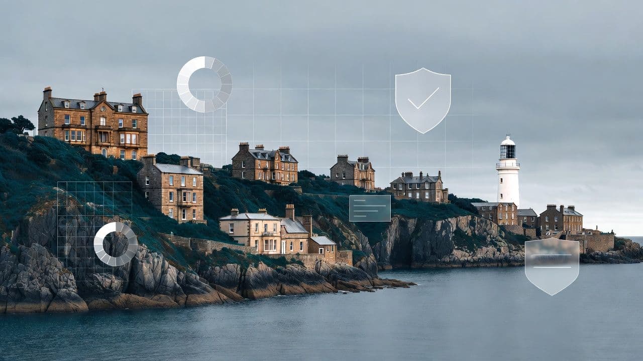 Alderney Channel Islands coastline with gaming regulatory commission building representing AGCC premium licensing