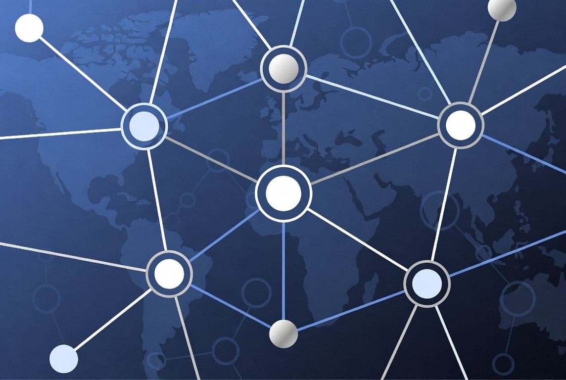 Abstract visualization of global central bank network representing BIS Project Agora tokenized cross-border payment prototype with seven central banks