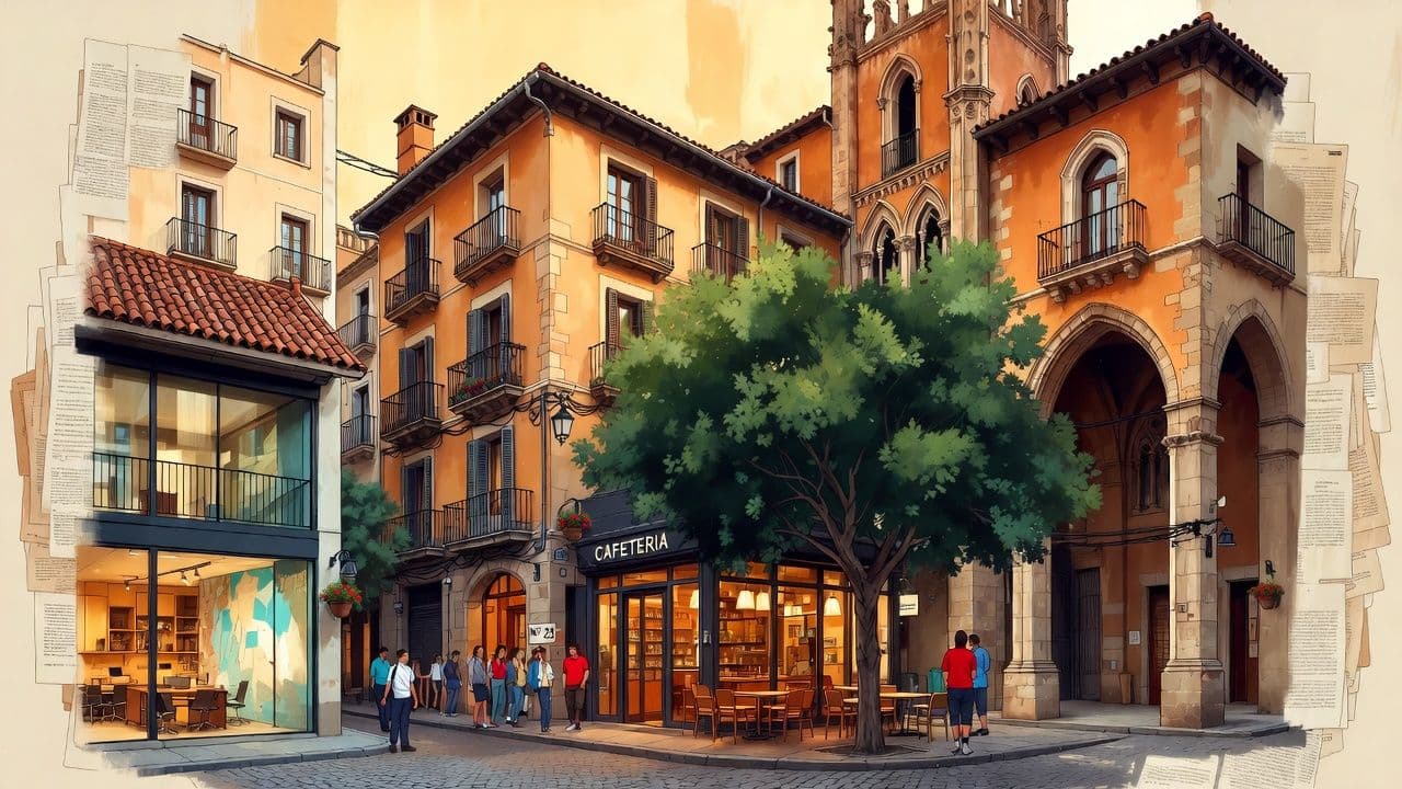 Spanish cityscape blending historic architecture with modern coworking culture