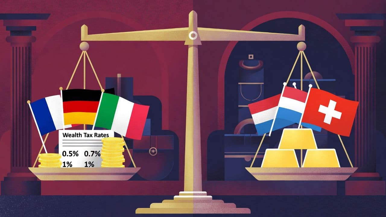 World map highlighting countries with active wealth taxes in 2026 including Norway Spain Switzerland Colombia and France
