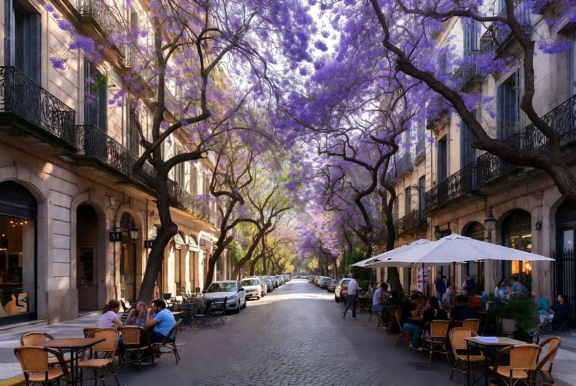 Buenos Aires Palermo neighborhood street with cafes and jacaranda trees representing expat cost of living and peso exchange rate reality