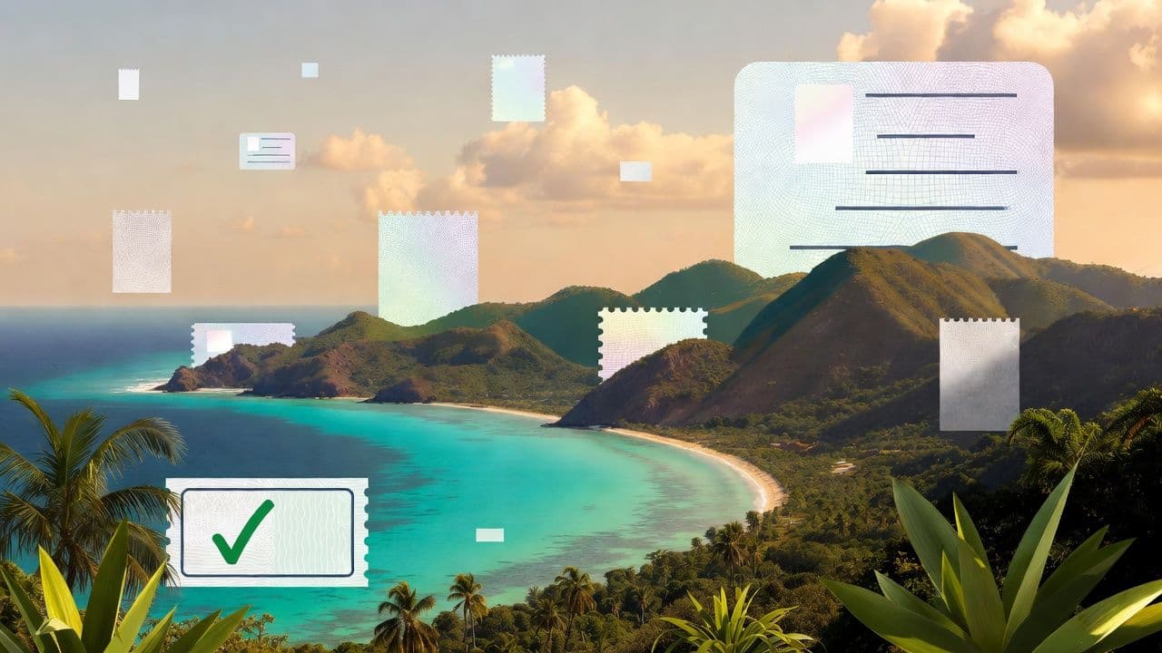 Caribbean coastline with passport and citizenship document concept representing Dominica CBI program changes