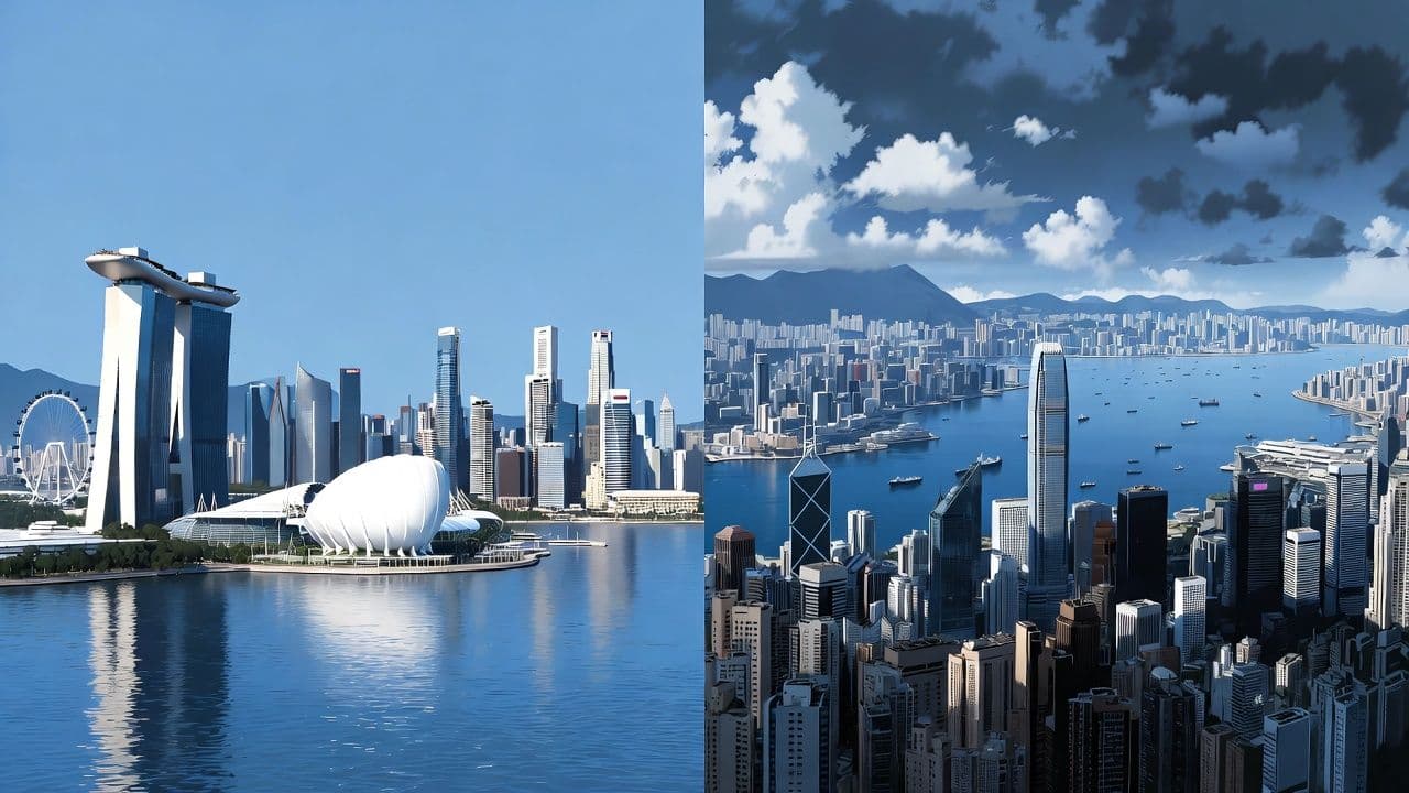 Singapore and Hong Kong skylines side by side representing Asian business hub comparison