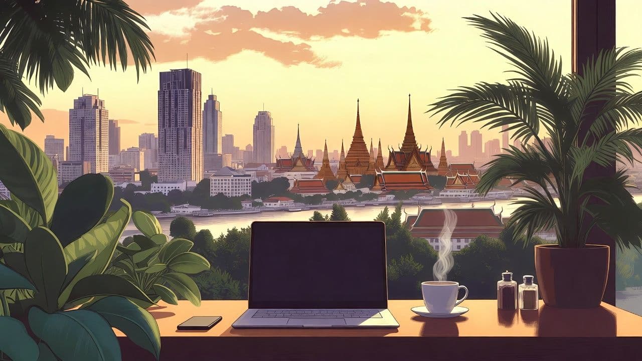 Bangkok skyline with modern remote work lifestyle elements