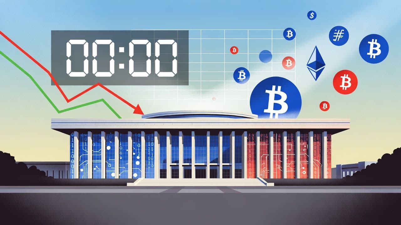 South Korea National Assembly building with digital asset and cryptocurrency symbols representing tax delay decision