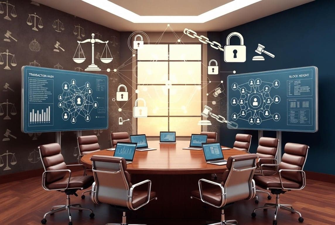 Modern arbitration hearing room with digital displays representing international crypto and Web3 dispute resolution through SIAC ICC and on-chain platforms
