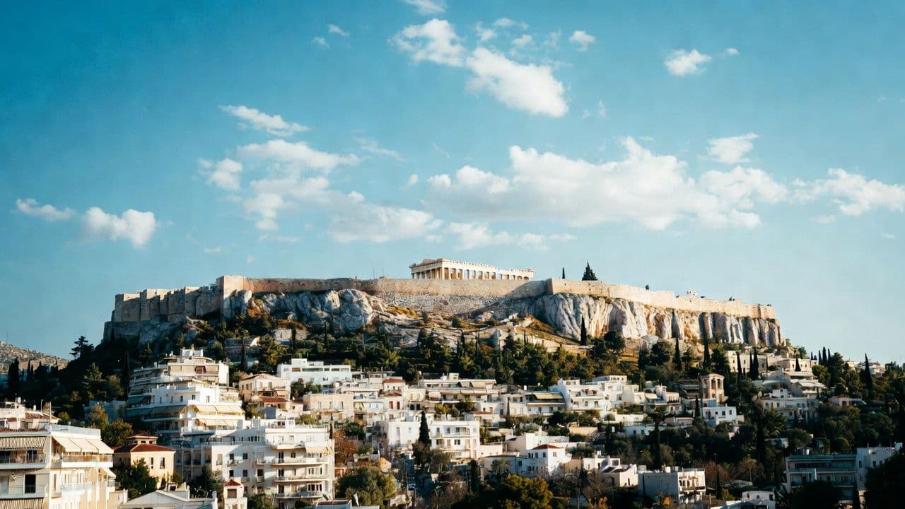 Athens cityscape with Acropolis hill and surrounding white buildings under clear Mediterranean sky