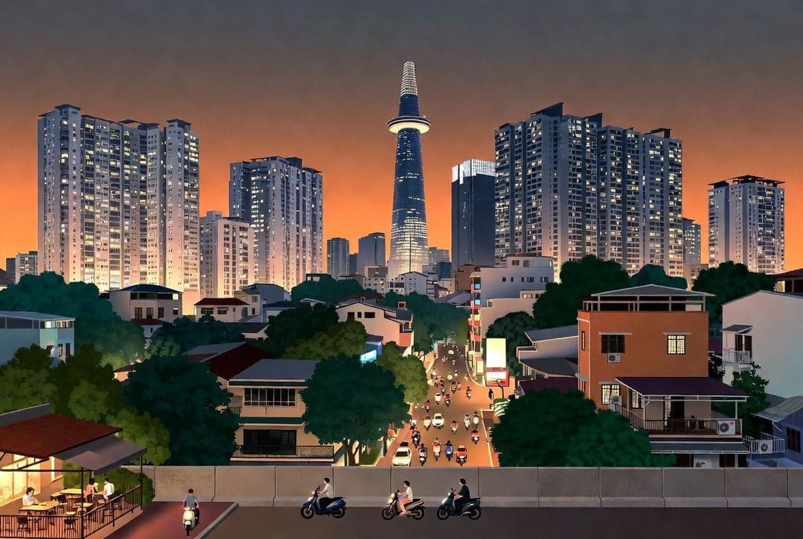 Ho Chi Minh City District 1 skyline with Bitexco Tower and motorbike traffic representing expat cost of living and digital nomad visa reality