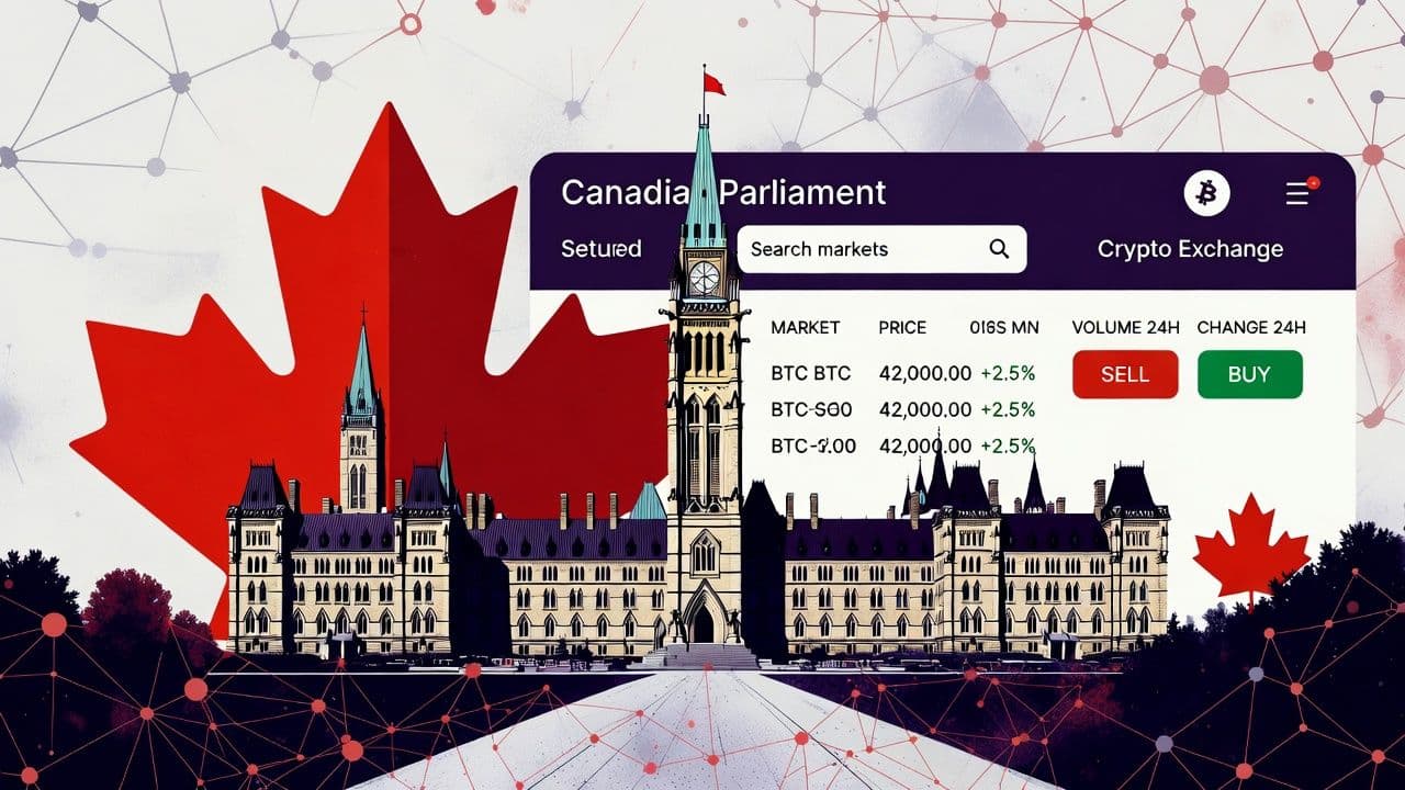 Canadian flag motif with digital crypto exchange interface elements representing new securities registration proposal