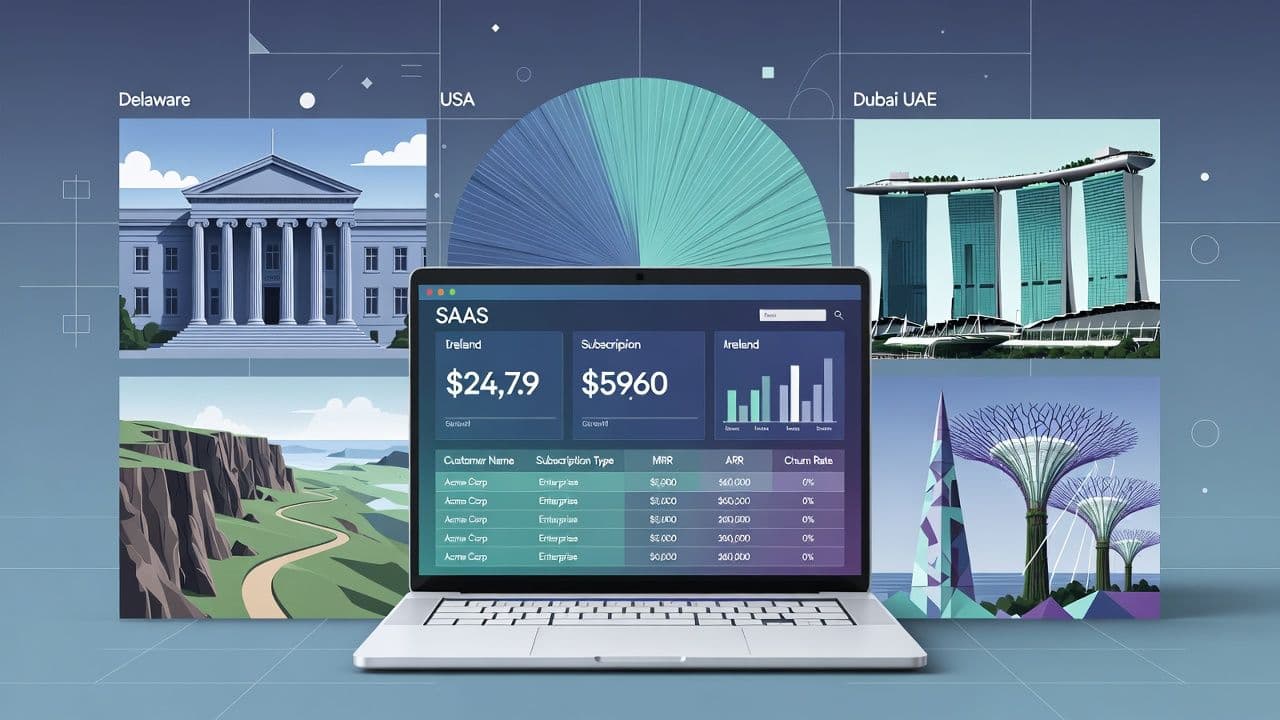 Five national flags representing top SaaS incorporation jurisdictions arranged around a laptop displaying subscription revenue dashboard