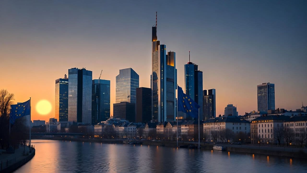 Frankfurt skyline with EU institutional buildings representing the new Anti-Money Laundering Authority headquarters