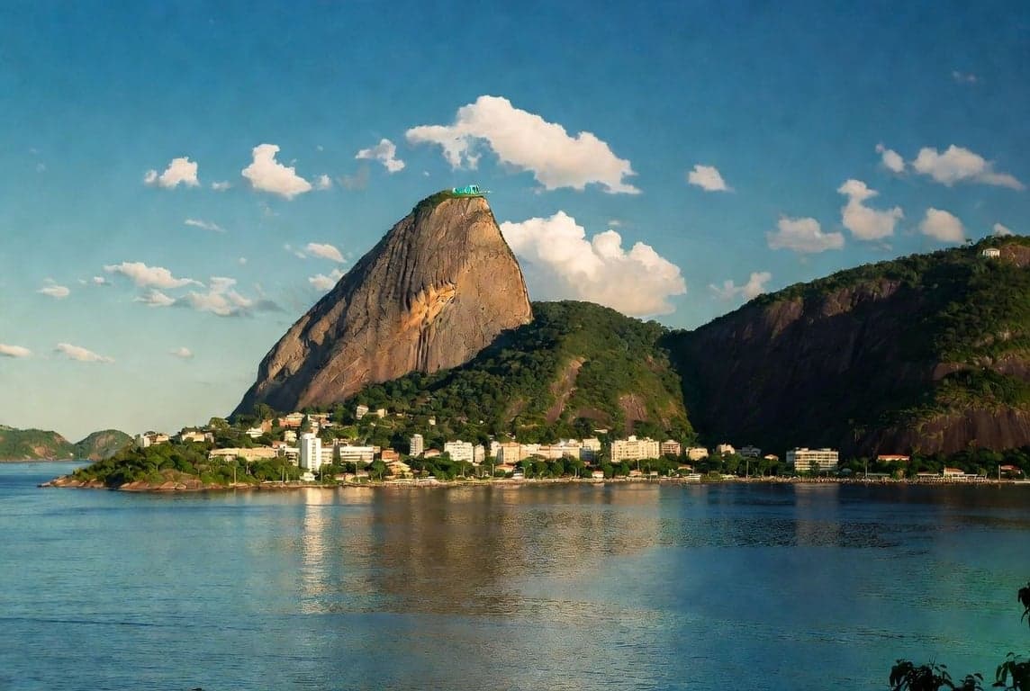 Rio de Janeiro coastline with Sugarloaf Mountain and Guanabara Bay under warm tropical light with scattered clouds
