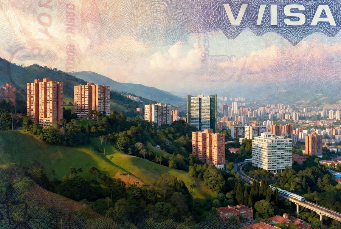 Medellin Colombia skyline with El Poblado neighborhood representing digital nomad visa requirements and immigration crackdown