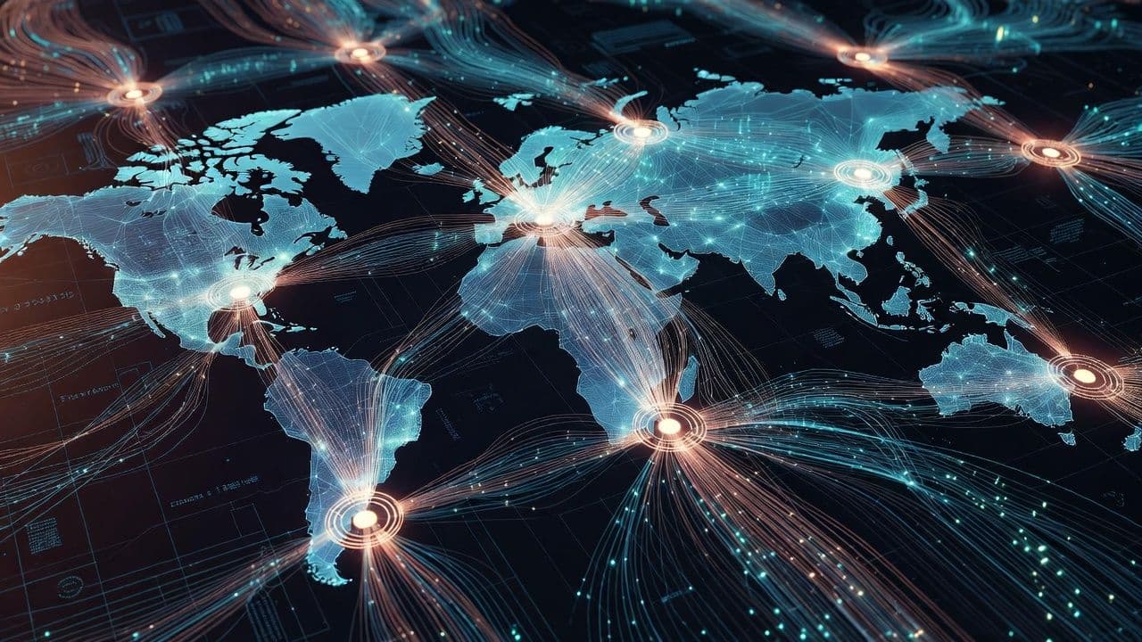 Global financial regulatory network visualization showing virtual asset data flows across jurisdictions