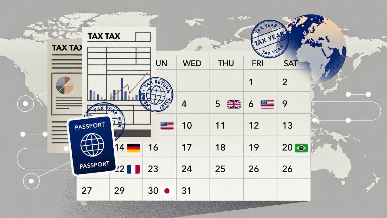 Digital nomad tax residency concept showing passport stamps and calendar with global locations