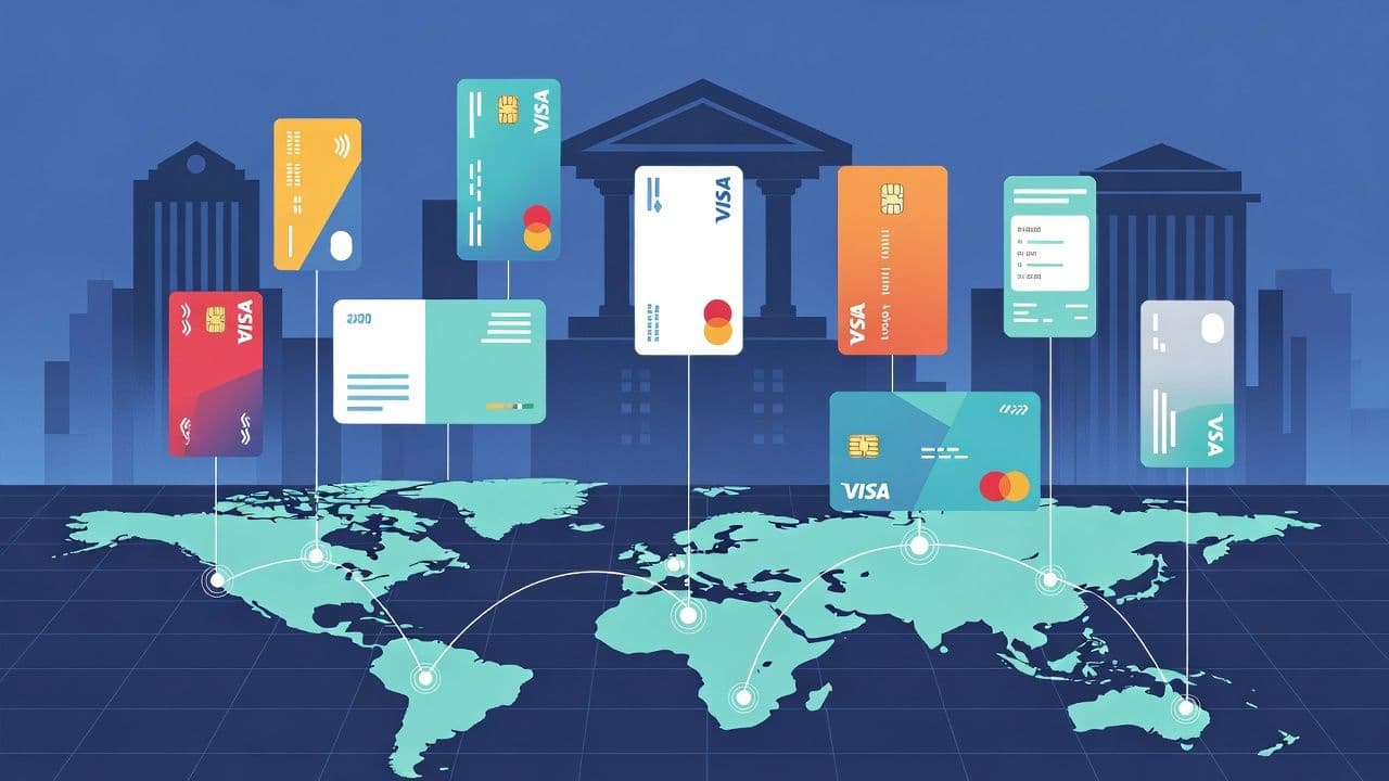 International banking concept showing multiple bank cards and currency symbols across global map