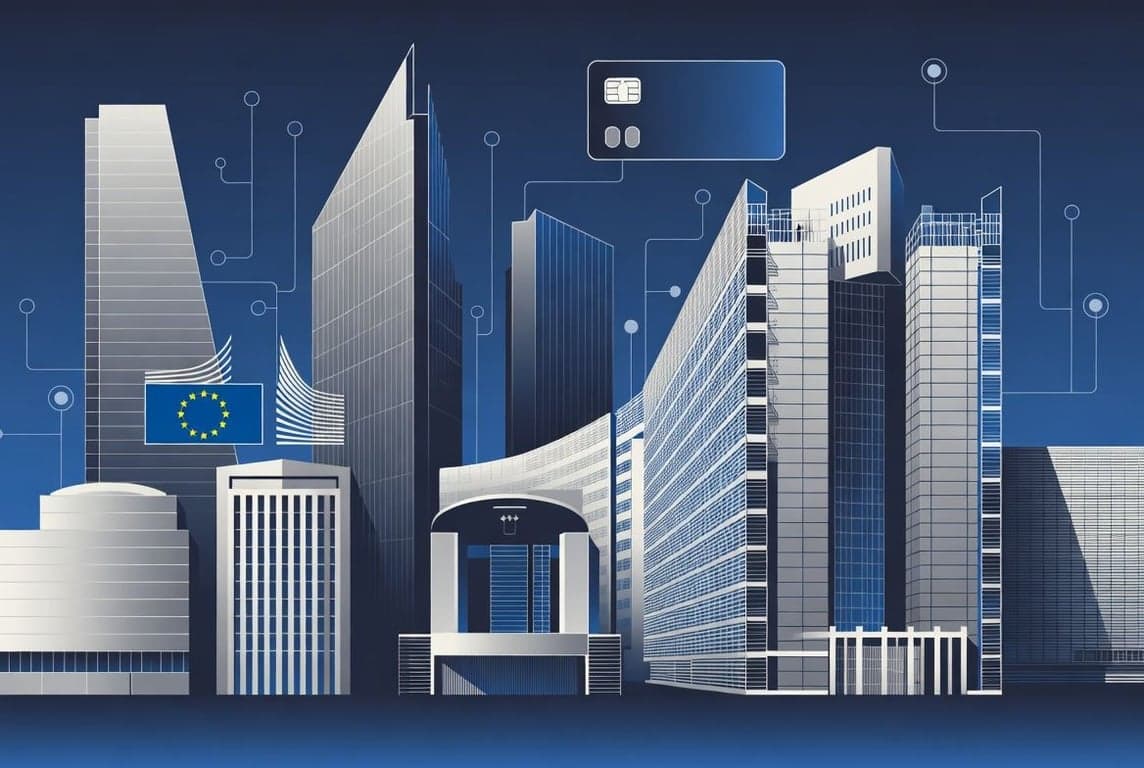 European financial district representing EU payment institution licensing under PSD2 and PSD3 regulatory transition